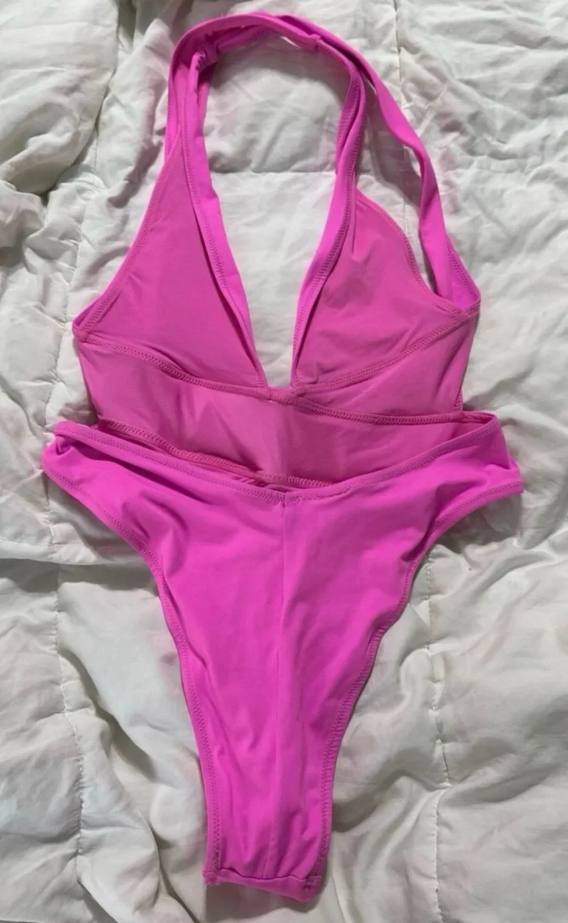 Recycled swim cut out plunge Monokini Neon Orchid